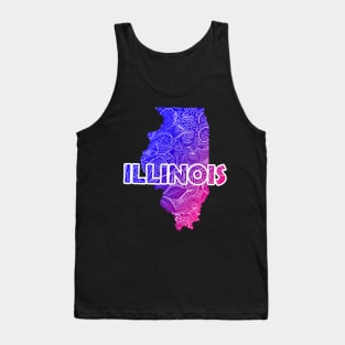 Colorful mandala art map of Illinois with text in blue and violet Tank Top